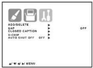 ADD/DELETE SAP CLOSED CAPTION V-CHIP AUTO SHUT OFF OFF OFF MENU