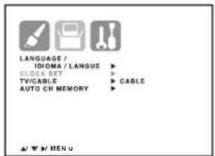 LANGUAGE / IDOMA / LANGUAGE CLOCK SET TV/CABLE AUTO CH MEMORY CABLE A / W / MEN U