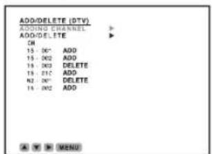 ADD/DELETE (DTV) ADDING CHANNEL > ADD/DELETE CH 15 - 00* ADD 15 - 002 ADD 15 - 003 DELETE 15 - 212 ADD N2 - 00* DELETE 15 - 002 ADD MENU