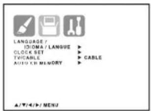 LANGUAGE / IDOMA / LANGUE CLOCK SET TIVICABLE AUTO-CE MEMORY CABLE ▲/▼/◄/►/ MENU