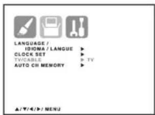 LANGUAGE / IDIOMA / LANGUE CLOCK SET TV/CABLE AUTO CH MEMORY ▲/▼/◄►/ MENU