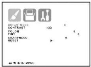 BRIGHTNESS CONTRAST =32 COLOR TINT SHARPNESS RESET 0 0 0 A / ▼ ▼ ▼ ▼ MENU