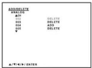 ADD/DELETE ANALOG ▲CH 002 DELETE 003 DELETE 054 ADD 005 DELETE ▼ ▲/▼/◄►/ ENTER