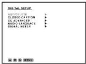 DIGITAL SETUP ADD/DELETE > CLOSED CAPTION > CC ADVANCED > AUDIO LANGUAGE > SIGNAL METER >