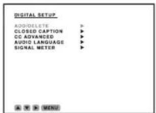 DIGITAL SETUP ADD/DELETE > CLOSED CAPTION > CC ADVANCED > AUDIO LANGUAGE > SIGNAL METER > MENU
