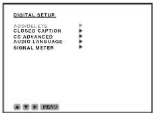 DIGITAL SETUP ADD/DELETE CLOSED CAPTION CC ADVANCED AUDIO LANGUAGE SIGNAL METER MENU