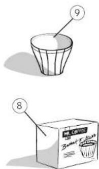 Illustration showing two labeled items: a cup with number 9 and a box labeled 'COFFEE' with text 'Sweet Filled'