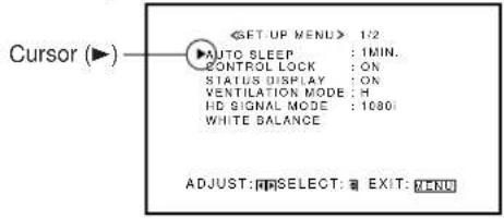 Cursor (▶) 1/2 AUTO SLEEP : 1MIN. CONTROL LOCK : ON STATUS DISPLAY : ON VENTILATION MODE : H HD SIGNAL MODE : 1080 WHITE BALANCE ADJUST: SELECT: EXIT: MENU