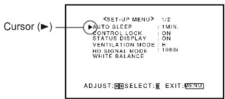 Cursor (▶) 1/2 AUTO SLEEP : 1MIN. CONTROL LOCK : ON STATUS DISPLAY : ON VENTILATION MODE : F HD SIGNAL MODE : 10801 WHITE BALANCE ADJUST: SELECT: EXIT: MENU
