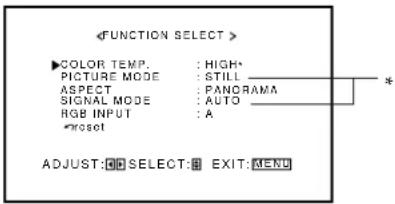 FUNCTION SELECT > ▶COLOR TEMP. : HIGH* PICTURE MODE : STILL _ ASPECT : PANORAMA SIGNAL MODE : AUTO _ RGB INPUT : A reset ADJUST: SELECT: EXIT: MENU