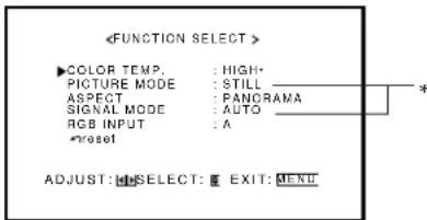 FUNCTION SELECT > ▶COLOR TEMP. : HIGH PICTURE MODE : STILL ASPECT : PANORAMA SIGNAL MODE : AUTO RGB INPUT : A *reset ADJUST: SELECT: EXIT: MENU