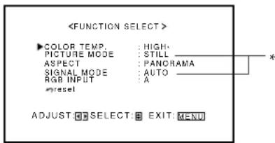 ▶COLOR TEMP: HIGH- PICTURE MODE: STILL ASPECT: PANCHAMA SIGNAL MODE AUTO RGB INPUT A *reset ADJUST ⬆ SELECT: EXIT: MENU