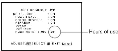 SET-UP MENU> 2/2 PIXEL SHIFT : ON POWER SAVE : ON COLOR-REVERSE : ON REFRESH : ON #cos! #ill reset HOUR METER x1000 001 Hours of use ADJUST: SELECT: EXIT: MENU