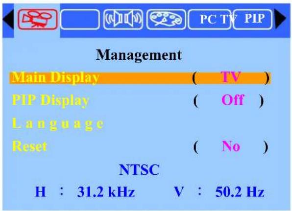 PC TV PIP Management Main Display ( TV ) PIP Display ( Off ) Language Reset ( No ) NTSC H : 31.2 kHz V : 50.2 Hz