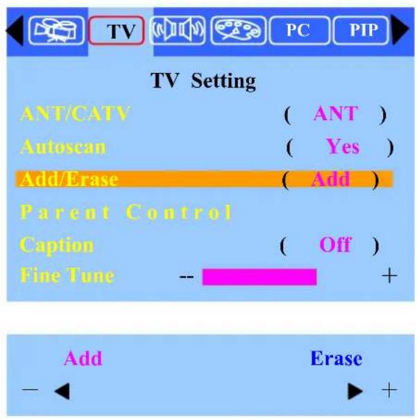TV Setting ANT/CATV ( ANT ) Autoscan ( Yes ) Add/Erase ( Add ) Parent Control Caption ( Off ) Fine Tune -- + Add Erase - +