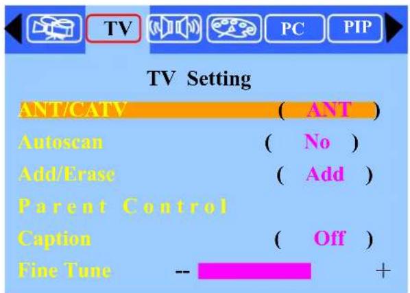 TV Setting ANT/CATV ( ANT ) Autoscan ( No ) Add/Erase ( Add ) Parent Control Caption ( Off ) Fine Tune -- +