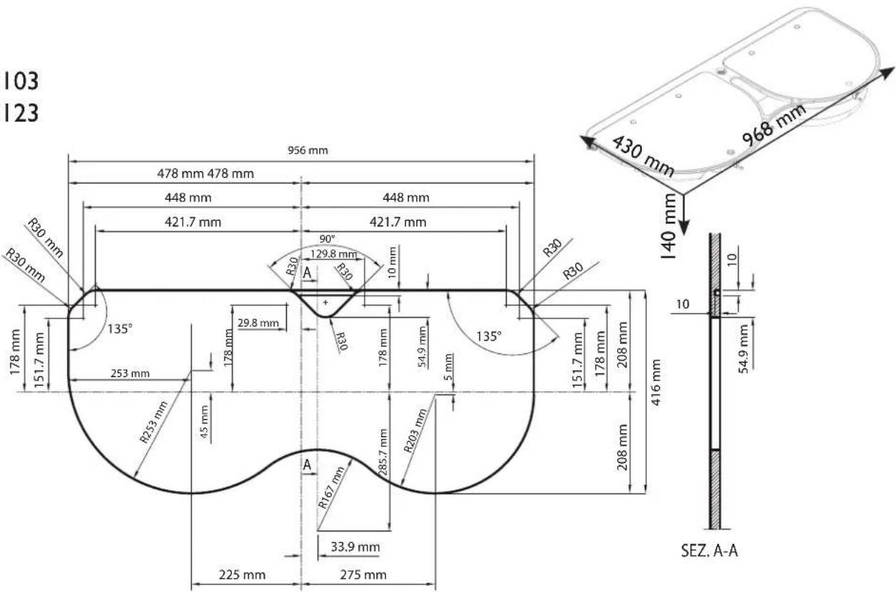 103 123 956 mm 478 mm 478 mm 448 mm 421.7 mm 448 mm 421.7 mm 90° 129.8 mm 10 mm R30 R30 R30 R30 R30 178 mm 151.7 mm 135° 253 mm 178 mm 29.8 mm 45 mm A R33 mm 45 mm 285.7 mm R203 mm 5 mm 178 mm 54.9 mm 135° 151.7 mm 178 mm 208 mm 416 mm 208 mm A R167 mm 33.9 mm 225 mm 275 mm 968 mm 430 mm 140 mm 10 10 54.9 mm SEZ, A-A