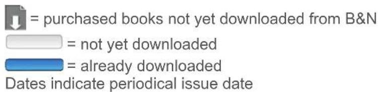 = purchased books not yet downloaded from B&N = not yet downloaded = already downloaded Dates indicate periodical issue date