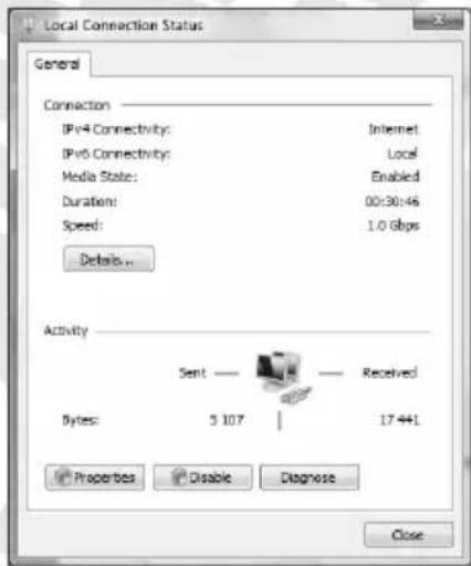 Local Connection Status General Connection IPv4 Connectivity: Internet IPv6 Connectivity: Local Media State: Enabled Duration: 00:30:46 Speed: 1.0 Gbps Details .. Activity Sent —— Received Bytes: 5 107 | 17 441 Properties Disable Diagnose Close