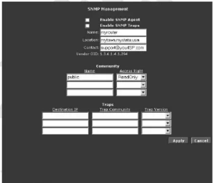 SNMP Management Enable SNMP Agent Enable SNMP Traps Name: myrouter Location: mytown.mystela.usa Contact: support@yourSP.com Vendor OID: 1.3.6.1.4.1.294 Community Name Access Right public RisedOnly Traps Destination IP Trap Community Trap Version Apply Cancel