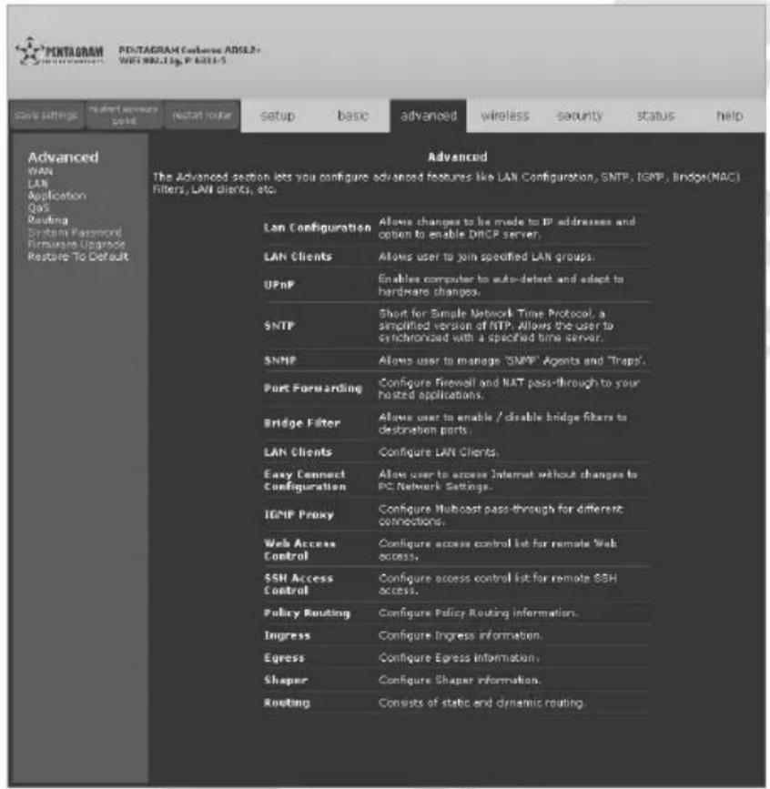 PENTAGRAM Coherence ADSL2 WET 982.16p, P 6011-5 Advanced WAN LAN Application QAS Routing System Password Firmware Upgrade Restore TO Default Advanced The Advanced section lets you configure advanced features like LAN Configuration, SNTP, IGPP, Bridge(MAC) Filters, LAN clients, etc. Lan Configuration Allows changes to be made to IP addresses and option to enable DHCP server. LAN Clients Allows user to join specified LAN groups. UPnP Enables computer to auto-detect and adapt to hardware changes. SNTP Short for Simple Network Time Protocol, a simplified version of NTP. Allows the user to cynchronized with a specified time server. SNFP Allows user to manage 'SNPP' Agents and 'Traps'. Port Forwarding Configure Firewall and NAT pass-through to your hosted applications. Bridge Filter Allows user to enable / disable bridge filters to destination parts. LAN Clients Configure LAN Clients. Easy Connect Configuration Allow user to access Internet without changes to PC Network Settings. IGNP Proxy Configure Midboost pass-through for different connections. Web Access Control Configure access control list for remote Web access. SSH Access Control Configure access control list for remote SSH access. Policy Routing Configure Policy Routing information. Ingress Configure Ingress information. Egress Configure Express Information. Shaper Configure Shaper information. Routing Consists of static and dynamic routing