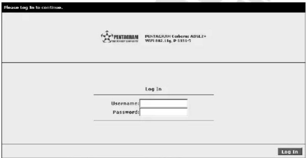 Please Log In to continue. PENTAGRAM Cerberus ADSL2+ WIFI 802.11g, P 6331-5 Log In Username: Password: Log In