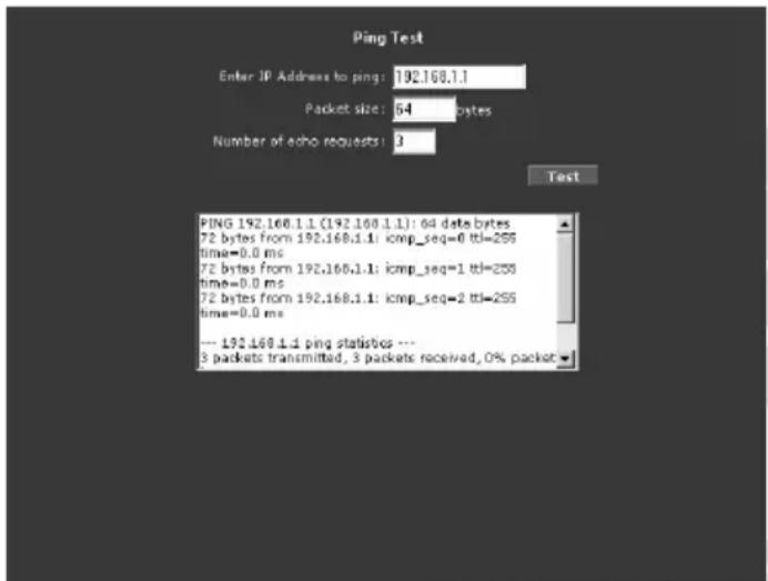 Ping Test Enter IP Address to ping: 192.168.1.1 Packet size: 64 bytes Number of echo requests: 3 Test PING 192.168.1.1 (192.168.1.1): 64 data bytes 72 bytes from 192.168.1.1: icmp_seq=0 ttl=255 time=0.0 ms 72 bytes from 192.168.1.1: icmp_seq=1 ttl=255 time=0.0 ms 72 bytes from 192.168.1.1: icmp_seq=2 ttl=255 time=0.0 ms --- 192.168.1.1 ping statistics --- 3 packets transmitted, 3 packets received, 0% packet