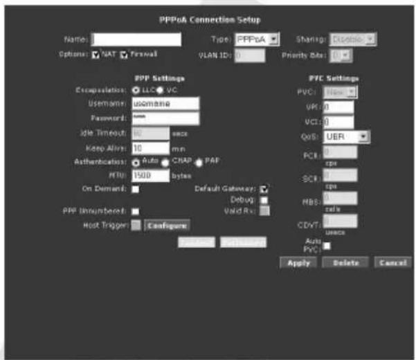 PPPoA Connection Setup Name: Type: PPPoA Sharing: Disagree Options: NAT Firewall VLAN ID: 0 Priority Site: 0 PPP Settings Accupulation: LLC VC Username: ubomane Password: none Idle Timeout: 62 sec Keep Alive: 10 min Authentication: Auto CHAP PAP MTU: 1500 bytes On Demand: Default Gateway: Debug Valid Rx: PPP Unnumbered: Host Trigger: Catalogue PVC: None VPC: 0 VCI: 0 QWS: UBR PCI: 0 SCK: 0 Ipa: 0 NBE: 0 Cell: 0 CDVT: 0 Auto PYC: 0 Apply Delete Cancel