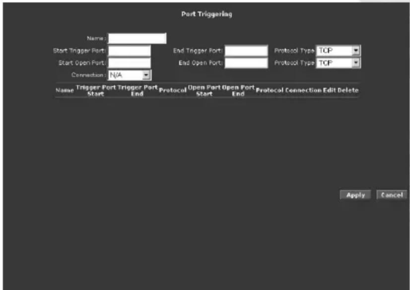 Port Triggering Name: Start Trigger Port: Start Open Port: Connection: N/A End Trigger Port: End Open Port: Protocol Type TCP Protocol Type TCP Name Trigger Port Trigger Port Start End Protocol Open Port Open Port End Protocol Connection Edit Delete Apply Cancel