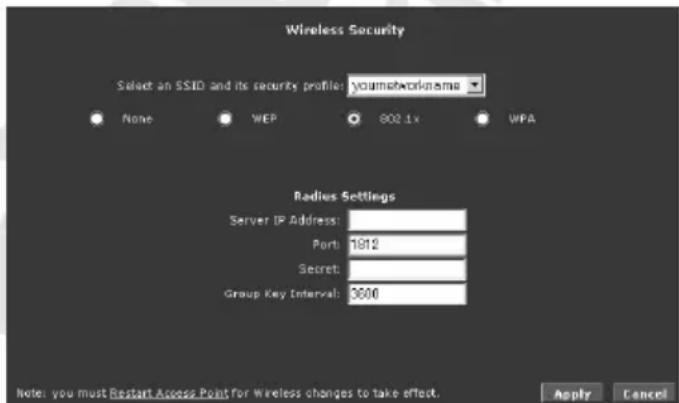 Wireless Security Select an SSID and its security profiles: younworkname None WEP 802.1x UFA Radius Settings Server IP Address: Port: 1912 Secret: Group Key Interval: 3600 Note: you must Restart Access Point for Wireless changes to take effect. Apply Cancel