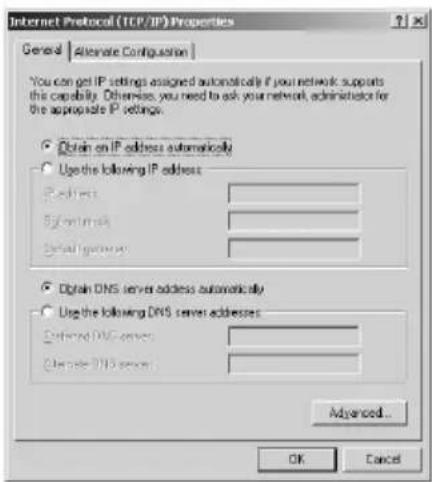 Internet Protocol (TCP/IP) Properties General | Alternate Configuration | You can get IP settings assigned automatically if your network supports this capability. Otherwise, you need to ask your network, administration for the appropriate IP settings. ● Obtain on IP address automatically ○ Use the following IP address: Address: System mask: Serial directory: ● Obtain DNS server address automatically ○ Use the following DNS server addresses: Defined DNS server: Alternate DNS server: Advanced... OK Cancel
