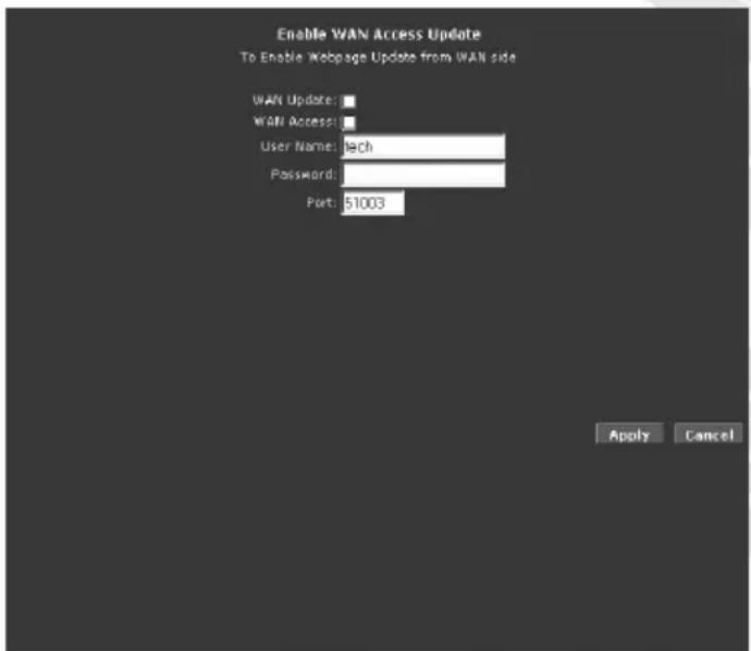 Enable WAN Access Update To Enable Webpage Update from WAN side WAN Update: WAN Access: User Name: Tech Password: Port: $1003 Apply Cancel