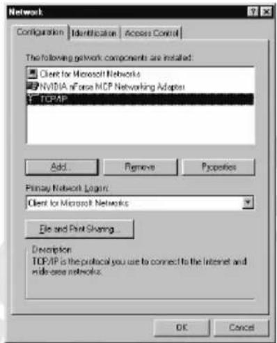 Network Configuration | Identification | Access Control | The following network components are installed: ■ Client for Microsoft Networks ■ NVIDIA iForce MCP Networking Adapter ■ TCP/IP Add Remove Properties Primary Network Login: Client for Microsoft Networks File and Print Sharing Description TCP/IP is the protocol you use to connect to the Internet and write these networks. OK Cancel