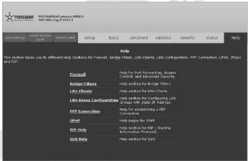 PENTAGRAM PENTAGRAM Connection ADSL2+ WIFI 092.16p, P 6221-5 save settings start support point start router setup basic advanced wireless security status help Help This section takes you to different Help Sections for Firewall, Bridge Filters, LAN Clients, LAN Configuration, PPP Connection, UPnP, IPQes and RIP. Firewall Help for Port Forwarding, Access Control, and Advanced Security. Bridge Filters Help section for Bridge Filters. LAN Clients Help section for LAN Clients. LAN Group Configuration Help section for Configuring LAN Groups with static JP Address. PPP Connection Help for establishing a PPP Connection. UPnP Help pages for UPnP. RIP Help Help section for RIP (Routing Information Protocol). QoS Help Help section for QoS.