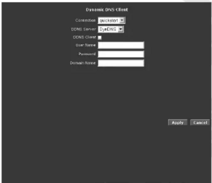 Dynamic DNS Client Connection quickstart DDNS Server DynDNS DDNS Client User Name Password Domain Name Apply Cancel