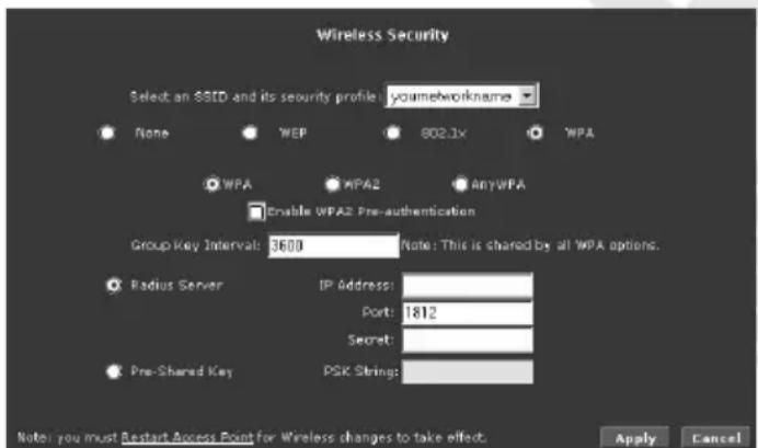 Wireless Security Select an SBITD and its security profile: youneworkname None WEP 802.1x WPA WPA WPA2 AnyWPA Enable WPA2 Pre-authentication Group Key Interval: 3600 Note: This is shared by all WPA options. Radius Server IP Address: Port: 1812 Secret: Pre-Shared Key PSK String: Note: you must Restart Access Point for Wireless changes to take effect. Apply Cancel