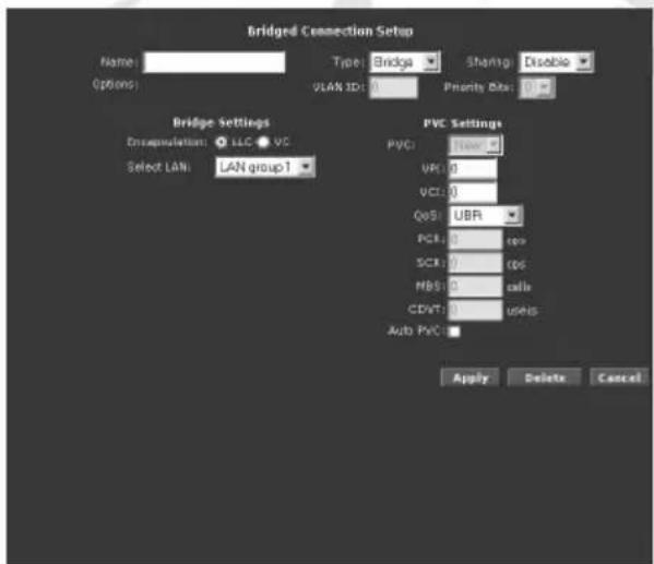 Bridged Connection Setup Name: Options: Type: Bridge Shang: Disable OLAN ID: 0 Priority Site: 0 Bridge Settings Enapsulation: LLC VC Select LAN LAN group1 PVC Settings PVC: None UK: 0 VCS: 0 QoS: UBR PCR: 0 ports SCR: 0 ports MBS: 0 cells CDVT: 0 users Auto PVC: Apply Delete Cancel