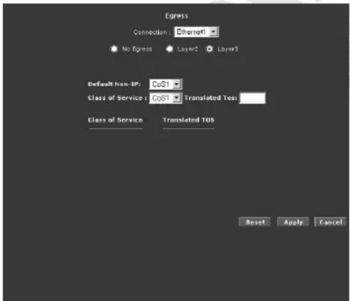 Egress Connection: Ethernet1 No Egress Layer2 Layer3 Default Non-IP: CoS1 Class of Service: CoS1 Translated TES: Class of Service Translated TOS Reset Apply Cancel