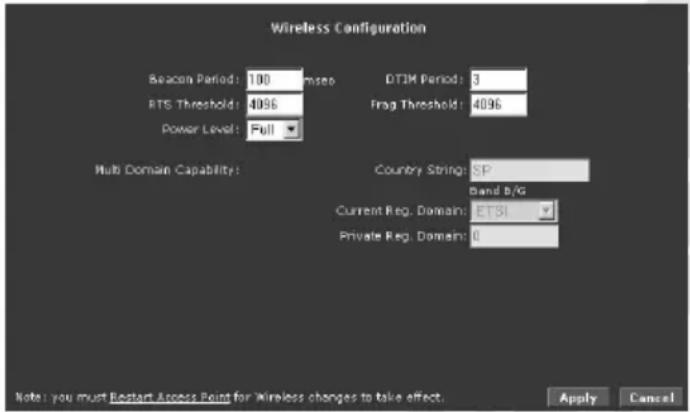 Wireless Configuration Beacon Period: 100 msseo RTS Threshold: 4096 Power Level: Full DTIM Period: 3 Frag Threshold: 4096 Multi Domain Capability: Country String: SP Band B/G Current Reg. Domain: ETSI Private Reg. Domain: 0 Note: you must Restart Access Point for Wireless changes to take effect. Apply Cancel
