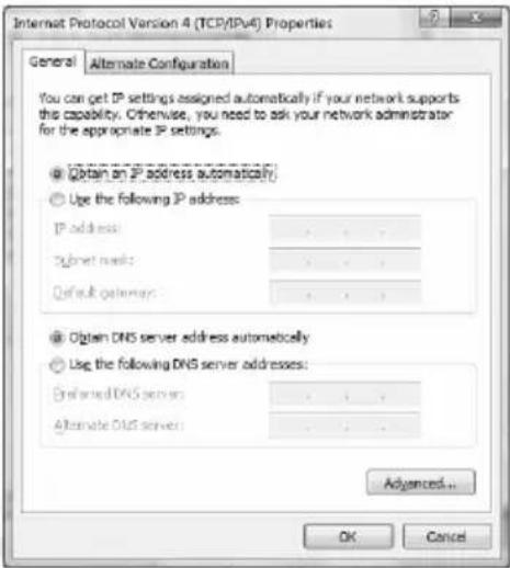 Internet Protocol Version 4 (TCP/IPu4) Properties General Alternate Configuration You can get IP settings assigned automatically if your network supports this capability. Otherwise, you need to ask your network administrator for the appropriate IP settings. ● Obtain an IP address automatically ● Use the following IP address: IP address: . Subnet mask: . Default gateway: . ● Obtain DNS server address automatically ● Use the following DNS server addresses: Reframed DNS server: . Alternate DNS server: . Advanced... OK Cancel