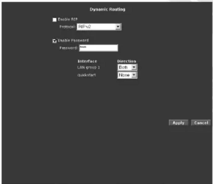 Dynamic Routing Enable RIP Protocol: RIPv2 Enable Password Password: Asun Interface Direction LAN group 1 Both quickstart None Apply Cancel