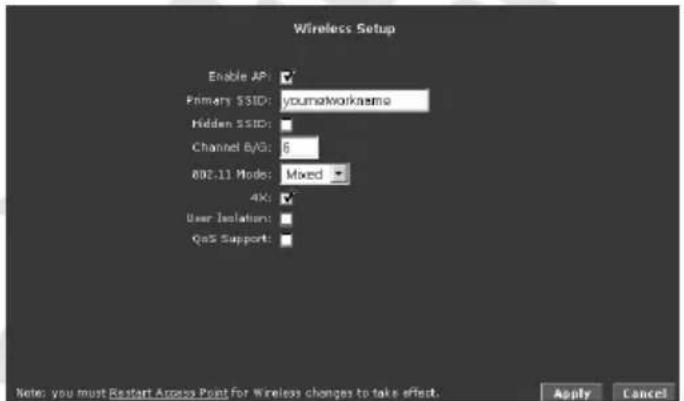 Wireless Setup Enable API: ✓ Primers SUID: yourworkname Hidden SUID: Channel B/IG: 6 802.11 Mode: Mixed 4K: User Isolation: QoS Support: Note: you must Restart Access Point for Wireless changes to take effect. Apply Cancel
