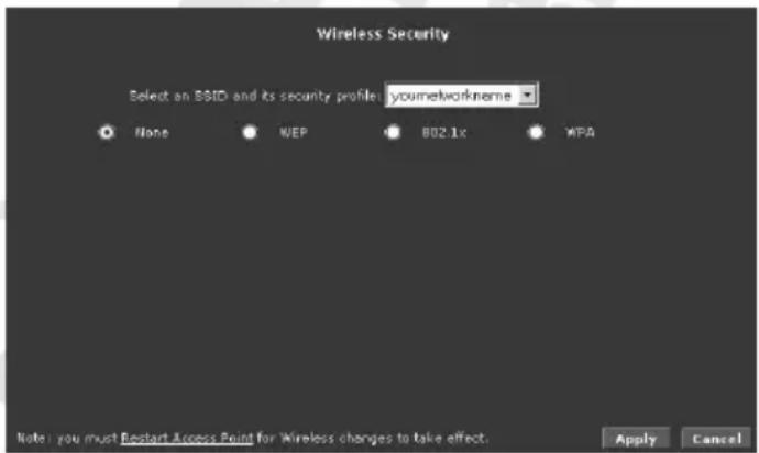 Wireless Security Select an BSID and its security profile: yournetworkname None NEP B02.1x MPA Note: you must Restart Access Point for Wireless changes to take effect. Apply Cancel