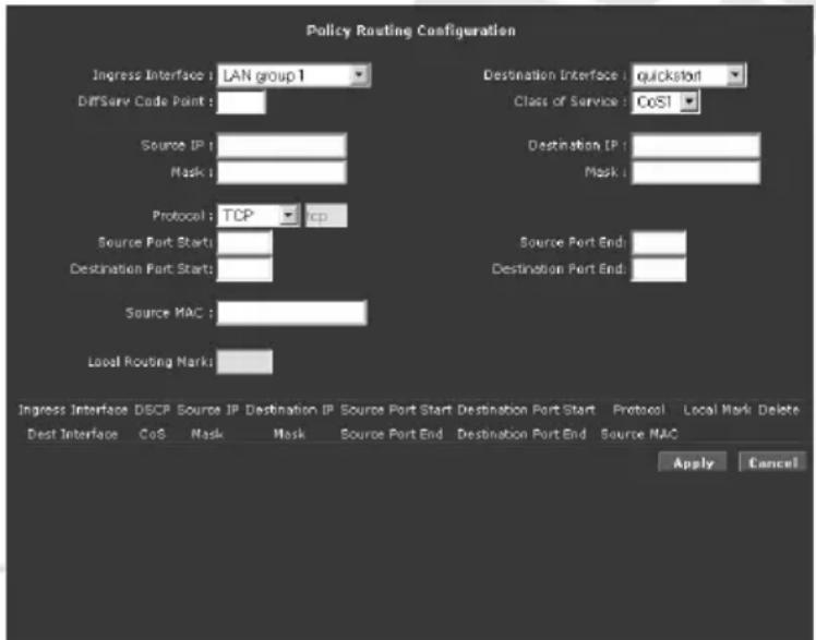 Policy Routing Configuration Ingress Interface : LAN group 1 DiffServ Code Point : Source IP : Mask : Protocol : TCP Source Port Start : Destination Port Start : Source MAC : Local Routing Mark : Destination Interface : quickstart Class of Service : CoS1 Destination IP : Mask : Source Port End : Destination Port End : Protocol : Local Mark Delete Dest Interface CoS Mask Mask Source Port Start Destination Port Start Protocol Local Mark Cancel Apply Cancel