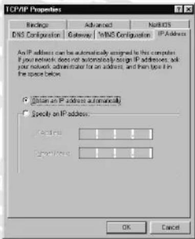 TCP/IP Properties Bindings Advanced Not BIDS DNS Configuration Gateway VMNS Configuration IP Address An IP address can be automatically assigned to this computer. If your network does not automatically set IP addresses, ask your network administrator for an address, and then type it in the space below. ● Obtain an IP address automatically □ Specify an IP address. Address: 1 1 1 Specificity: 1 1 1 OK Cancel