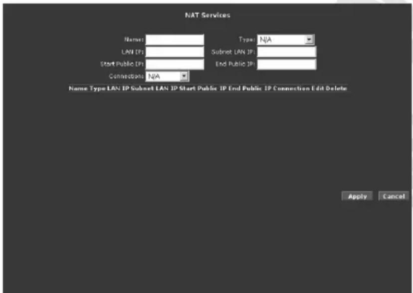 NAT Services Name: LAN IP: Start Public IP1 Connections: N/A Type: N/A Subnet LAN IP: End Public IP1 Apply Cancel