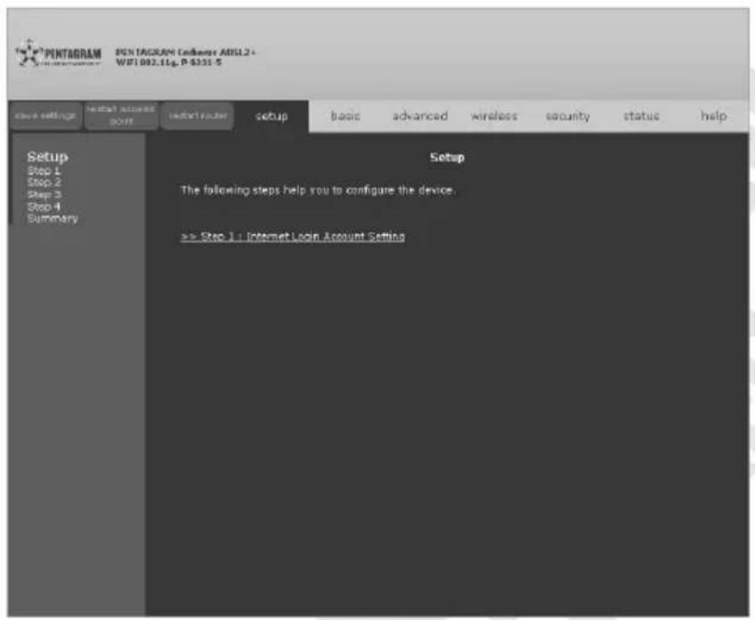 PINTABRAM PENTAGRAM Exchange ADSL2 + WIFI 003.11p, P 6331 S Setup Step 1 Step 2 Step 3 Step 4 Summary Setup The following steps help you to configure the device. >> Step 1 + Internet Login Account Setting