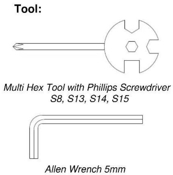 Tool: Multi Hex Tool with Phillips Screwdriver S8, S13, S14, S15 Allen Wrench 5mm
