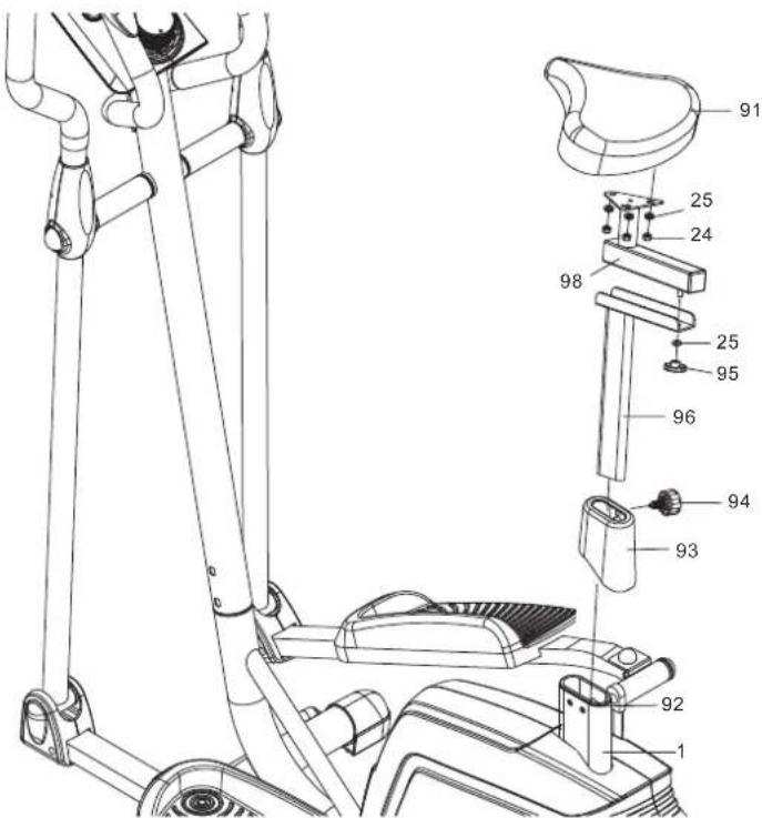 Technical diagram of a stationary exercise machine with labeled parts and numbered parts