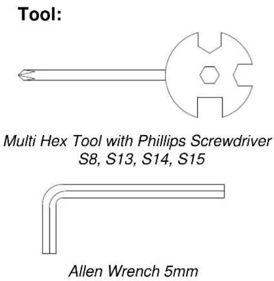 Tool: Multi Hex Tool with Phillips Screwdriver S8, S13, S14, S15 Allen Wrench 5mm